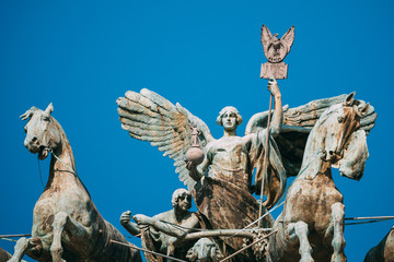 Rome, Italy. Great Bronze Quadriga On Summit Of Palace Of Justice - obrazy, fototapety, plakaty