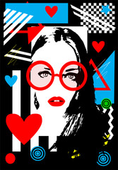 Girl wearing sunglasses and hearts. Pop art background. Valentines day.