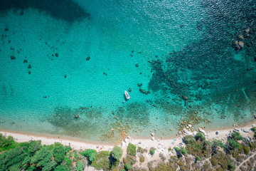 Aerial of boat in Emerald Bay, Lake Tahoe, Nevada