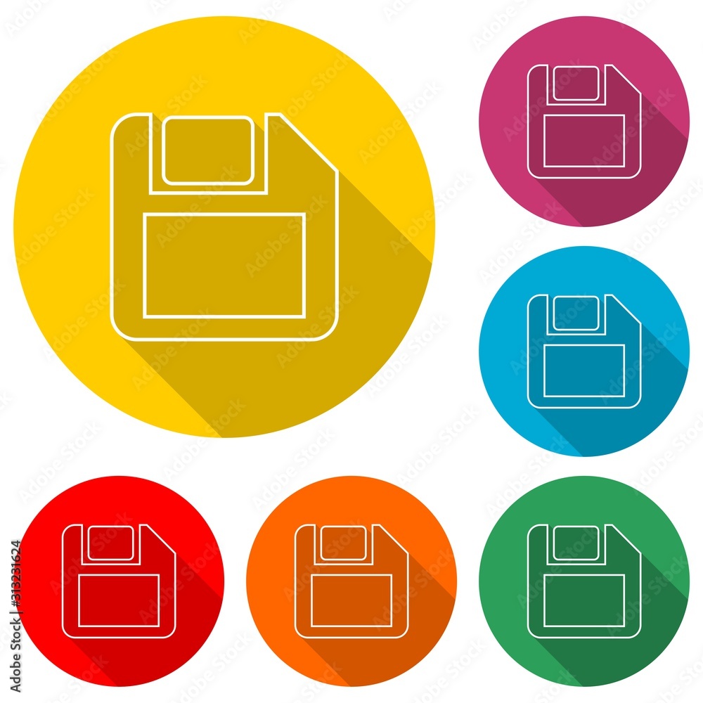 Poster floppy disk for computer data storage icon isolated with long shadow