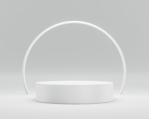 Empty podium or pedestal display on white background with circle ring and success concept. Blank product shelf standing backdrop. 3D rendering.