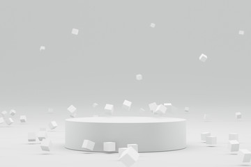 Empty podium or pedestal display on white background with abstract geometric and futuristic...