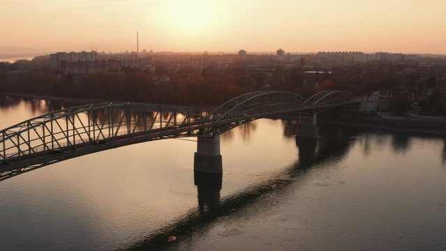 Beautiful sunset in Komarno city - Aerial view of a Bridge over Danube, Slovakia, Europe
