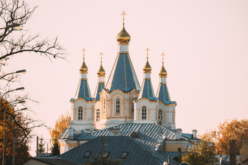 Fototapeta na wymiar Kobryn, Brest Region, Belarus. Church of St. Alexander Nevsky In Autumn Sunny Day. Famous Historic Landmark