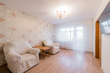 Russia, Moscow- August 25, 2019: interior room apartment modern bright cozy atmosphere. general cleaning, home decoration, preparation of house for sale