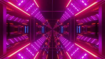 futuristic science-fiction tunnel corridor with metal steal wire-frame kontur and endless glowing lights 3d illustration background wallpaper graphic design