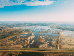 Belarus. Aerial View Of Ponds Autumn Landscape. Ponds of fisheries in the south of Belarus. Top View Of Fish Farms From High Attitude. Drone View. Bird's Eye View