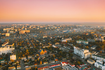 Fototapeta na wymiar Pinsk, Brest Region, Belarus. Pinsk Cityscape Skyline In Autumn Morning. Bird's-eye View Of Residential Districts And Downtown