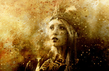 beautiful shamanic girl playing on shaman frame drum in the nature, old efect.