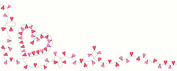 Colorful Valentine's Day Holiday Intertwined Heart Shape String Lights on White Background Vector Frame