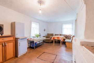 Russia, Moscow- August 25, 2019: interior room apartment. decrepit old careless not modern setting....