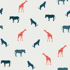 Giraffe, leopard and zebra on the light background. Seamless pattern with safari animals  silhouette. Vintage colors illustration.