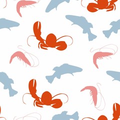 Seamless tropical marine pattern background with lobster, shrimp, fish  isolated on white background.  Perfect for wallpapers, web page backgrounds, surface textures.