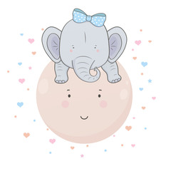 Cute little blue elephant with bow on his head sits on pink moon with hearts and stars.