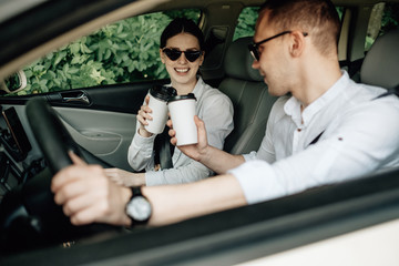 Happy Traveling Couple Together Enjoying Road Trip, Vacation Concept, Holidays Outside the City, Two Cheerful People