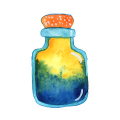 yellow, green and blue isolated magic potion bottle. Hand drawn watercolor alchemy. Occultism and witchcraft drink. Fairy tale elixir chemistry. Aura testing