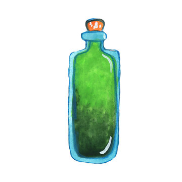 green isolated magic potion bottle. Hand drawn watercolor alchemy. Occultism and witchcraft drink. Fairy tale elixir chemistry. Aura testing