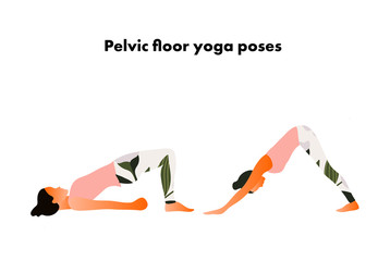 Yoga Downward facing dog and bridge poses. Woman's health. Yoga asanas. Exercises for mom. Vector cartoon illustration. 