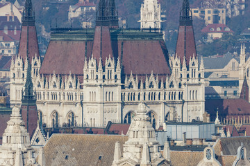 Hungarian Parliament building facade rooftop view in Budapest city