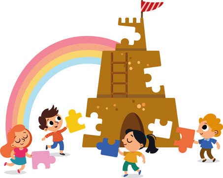 Group of children joining forces to built a castle made of jigsaw pieces. Vector illustration.