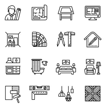 interior design icon set with white background. Line style stock vector.