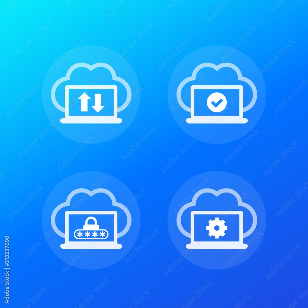 Poster sync with cloud, synchronization completed, protected data, vector icons