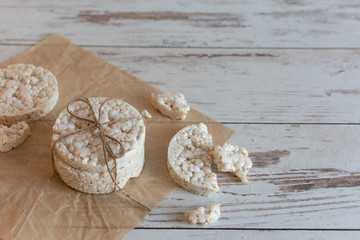 Healthy puffed rice waffles for diet. Rice cakes as a healthy eating concept.