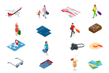 Isometric Tourism and Booking App iconcs. Travel equipment and luggage on a mobile laptop touch screen. Travel and tourism background.
