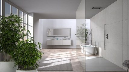 Fototapeta na wymiar Zen interior with potted bamboo plant, natural interior design concept, minimalist luxury bathroom with bathtub, shower and carpet, contemporary modern architecture concept idea