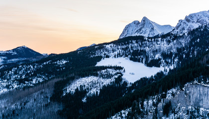 Morning view of the winter mountain landscape with the popular Giewont peak, Western Tatras, Poland.