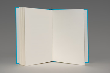 Open book with a blue cover and showing empty pages.