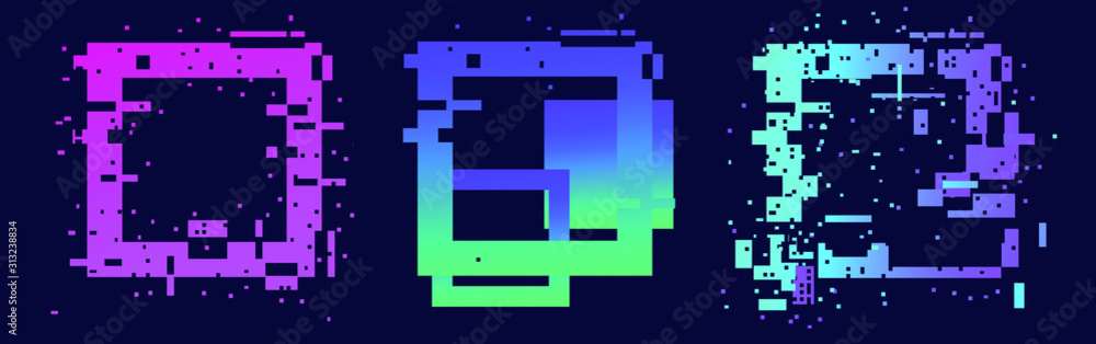 Poster set of glitched square frames for banner, poster, cover design in vaporwave and synthwave retrofutur