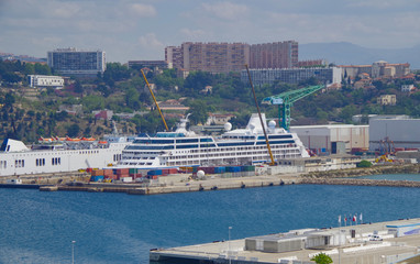 Luxury cruise ship liner get overhaul or renovation or refit or maintenance work in dry dock in...
