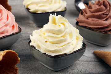 soft ice cream in flavor vanilla, chocolate and strawberry. Delicous creamy refreshing ice cream