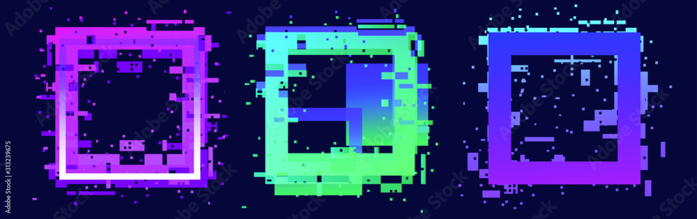 Poster set of glitched square frames for banner, poster, cover design in vaporwave and synthwave retrofutur