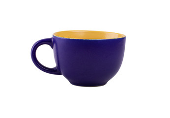 blue ceramic empty used cup yellow inside on white  background
