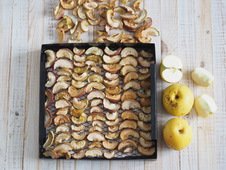 Sliced apples are dried on a metal wire rack from a home dryer.