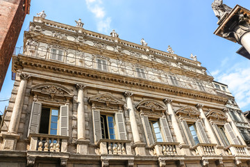Fototapeta na wymiar Verona, Italy. View of Maffei Palace (Palazzo Maffei) in sunny day.