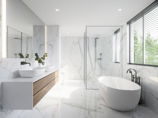 Naklejka na ściany i meble modern wite bathroom with white marble anf bthtub
