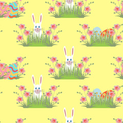 Seamless pattern with cute white rabbits and eggs hidden in the grass. Easter bunny and colored eggs on yellow background. Flat vector illustration for kids. Easter celebration, egg hunting