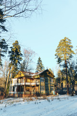 an old abandoned house in a pine winter forest