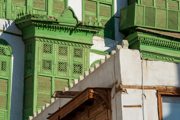 Close-up view of the greenish Noorwali coral town house at the Souk al Alawi Street in the historic...