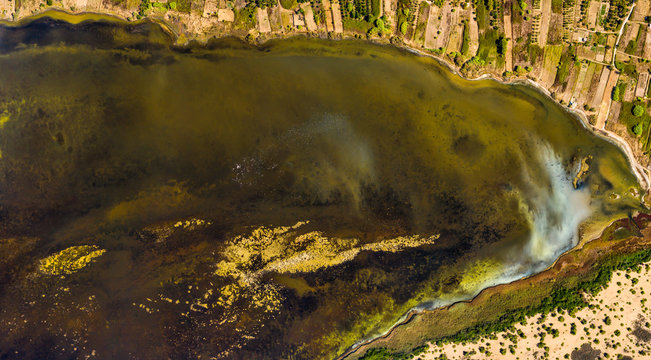 Aerial of flamingo reserve in mediterranean island Corfu