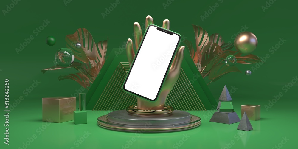 Aufkleber simple mock up composition with phone in hand on green background 3d render