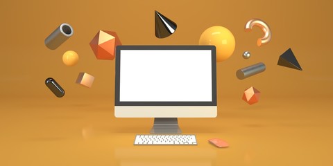 Minimal mock up composition with computer and geometry figures 3d render