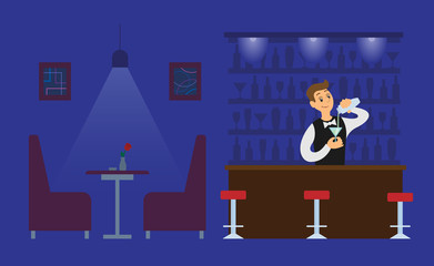 Night club bartender in empty hall with drink glass vector. Male working in evening shifts, alcoholic beverage in bottle, servant sommelier with bar