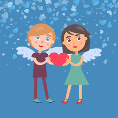 Man and woman holding big red heart, Valentine card. Standing girl in dress and boy in casual clothes with wings. Blue romantic card in flat vector
