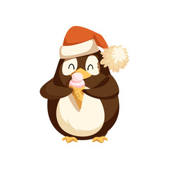 Cute Arctic penguin in Santa hat with ice cream. Wild bird with dessert in waffle cone. North pole animal with Christmas accessory and food vector.
