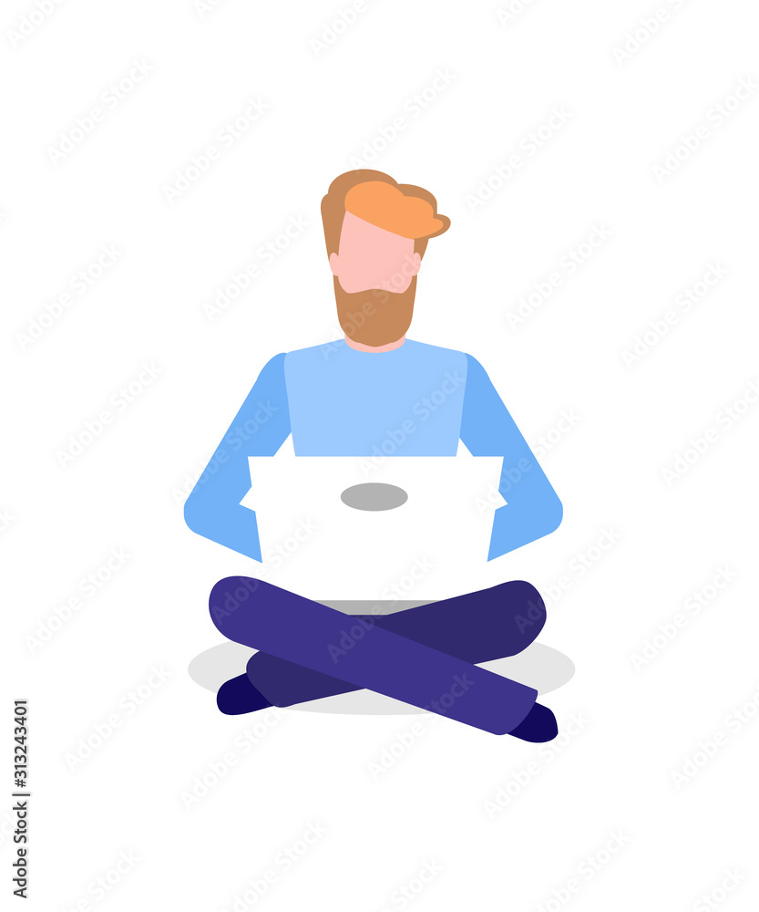 Poster freelancer man working with help of laptop screen vector. male with computer typing information, com