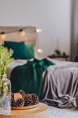 Plate of cones and flowers in glass vase on coffee table in elegant bedroom interior with grey bed with emerald green bedding